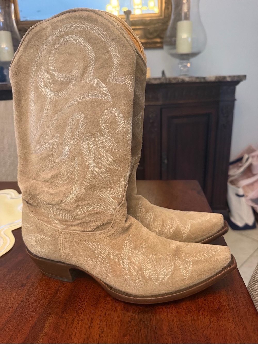 KEmo Sabe Women's Tan Suede Cowboy Boots with Decorative Stitching - Picture 1 of 8